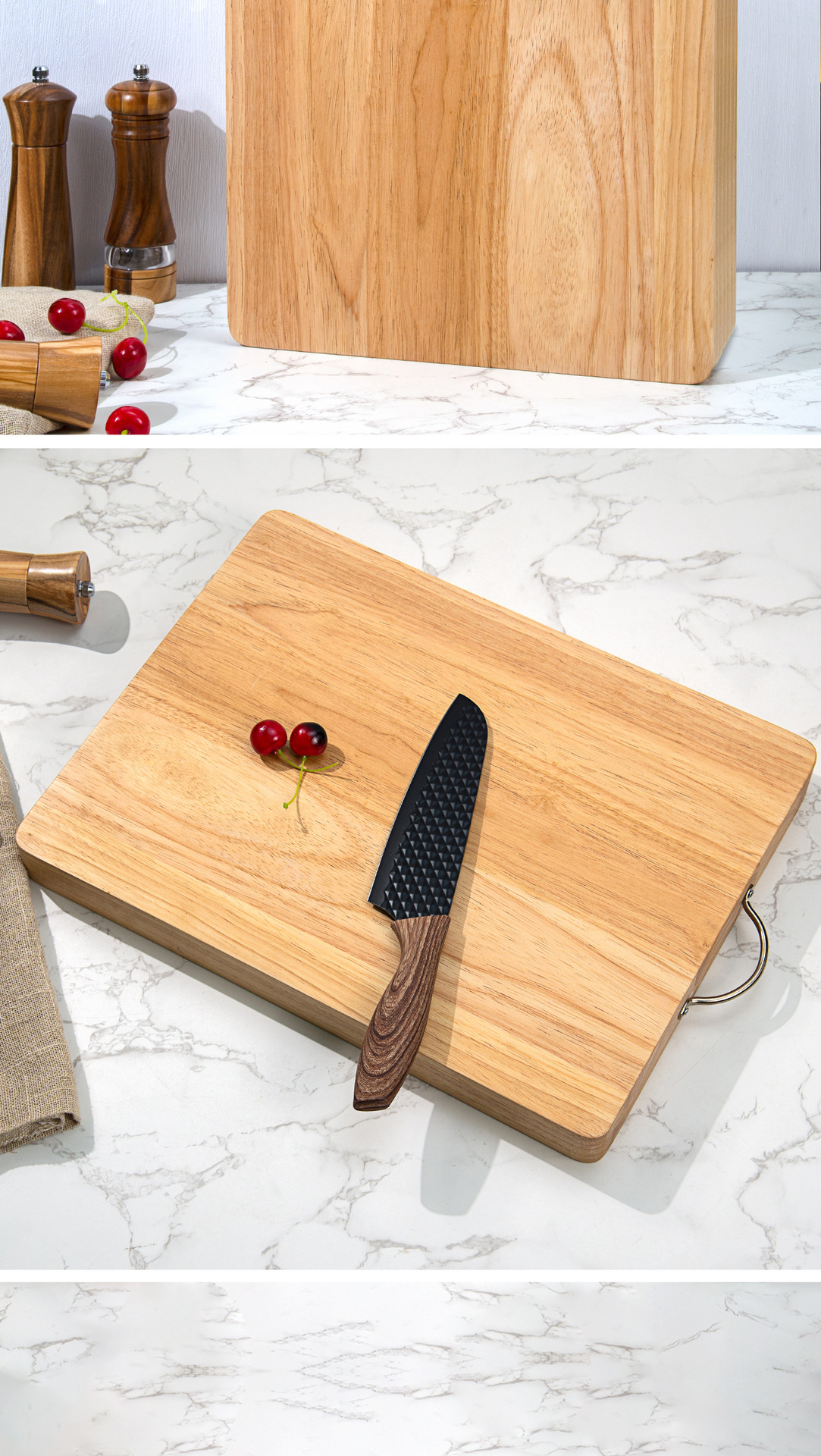 Clean finish Heavy-Duty Rubberwood Cutting Board with Rounded Corners and Metal Hanging Ring
